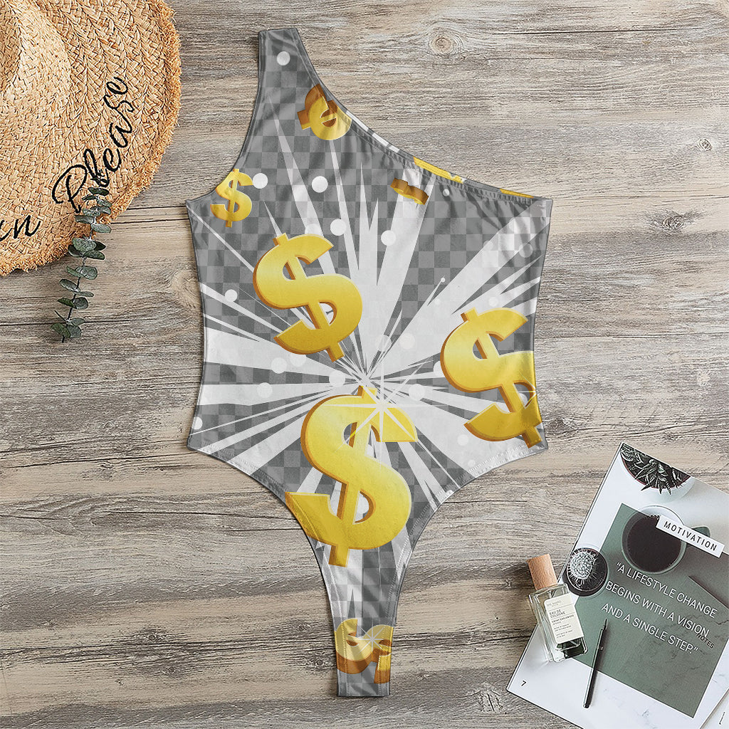 Golden Dollar Sign Explosion Print One Shoulder Bodysuit