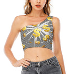 Golden Dollar Sign Explosion Print One Shoulder Crop Top