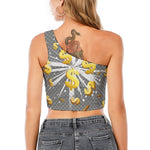 Golden Dollar Sign Explosion Print One Shoulder Crop Top