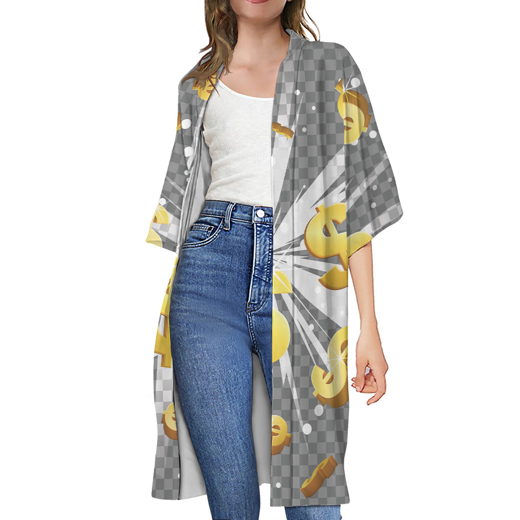 Golden Dollar Sign Explosion Print Open Front Beach Cover Up