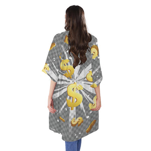 Golden Dollar Sign Explosion Print Open Front Beach Cover Up