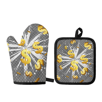 Golden Dollar Sign Explosion Print Oven Mitt And Pot Holder Set