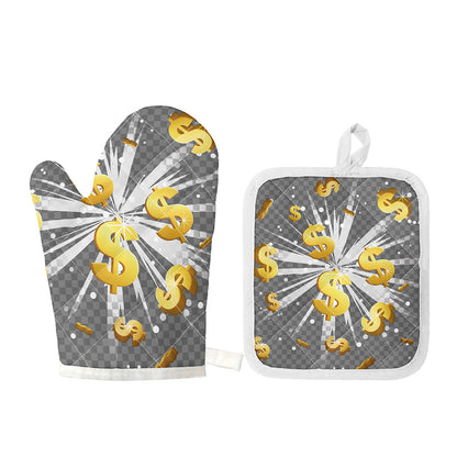Golden Dollar Sign Explosion Print Oven Mitt And Pot Holder Set