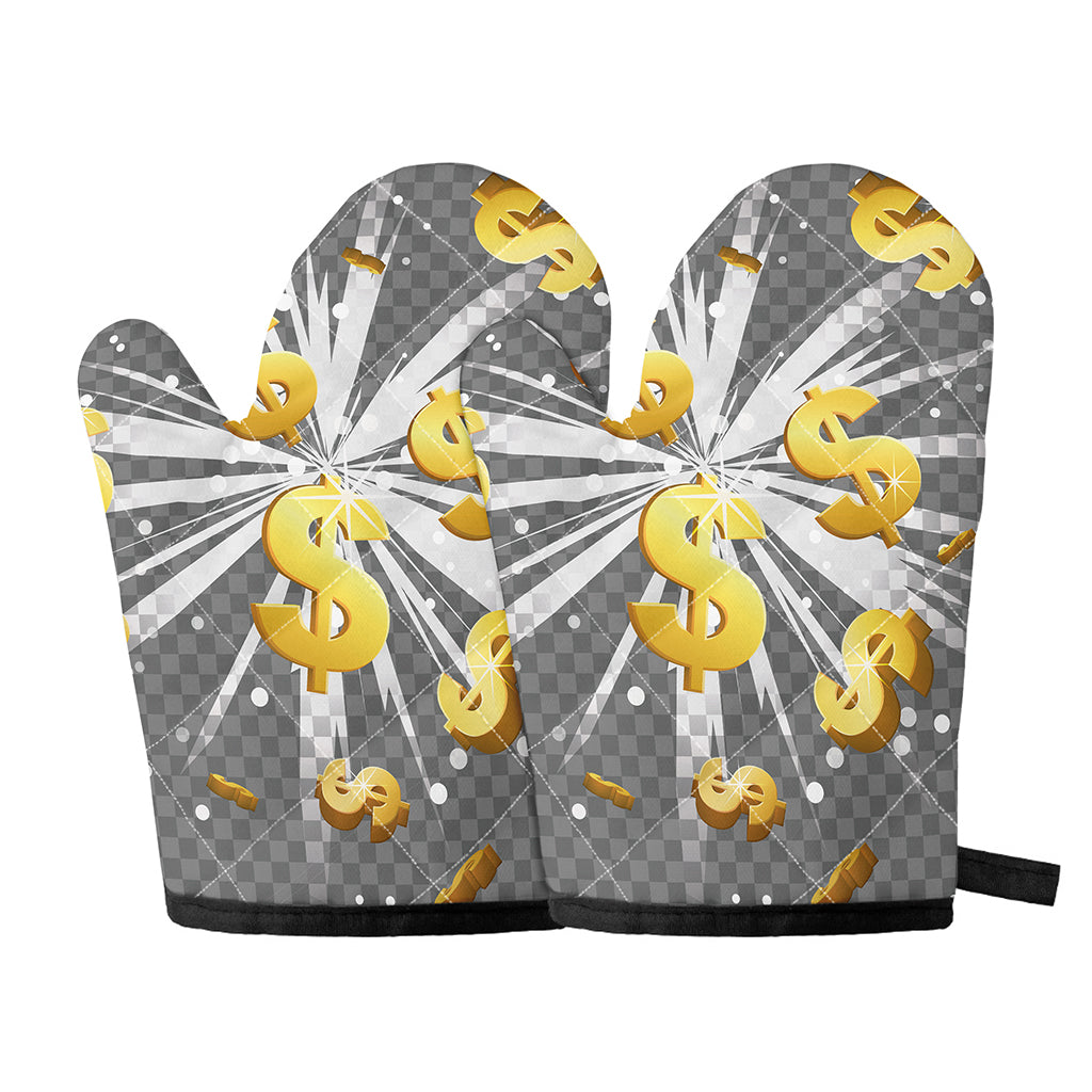 Golden Dollar Sign Explosion Print Oven Mitts