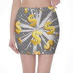 Golden Dollar Sign Explosion Print Pencil Mini Skirt