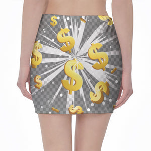 Golden Dollar Sign Explosion Print Pencil Mini Skirt