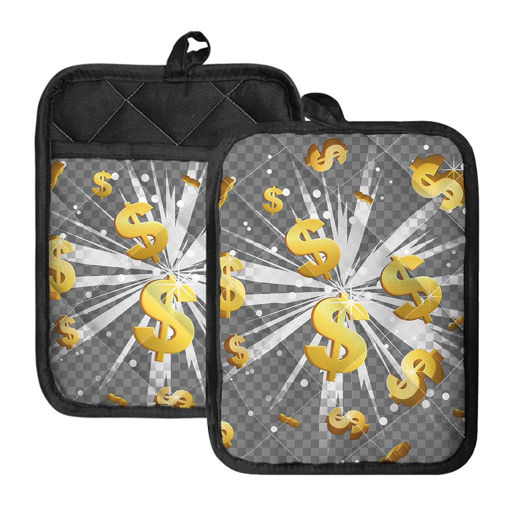 Golden Dollar Sign Explosion Print Pot Holders With Pocket