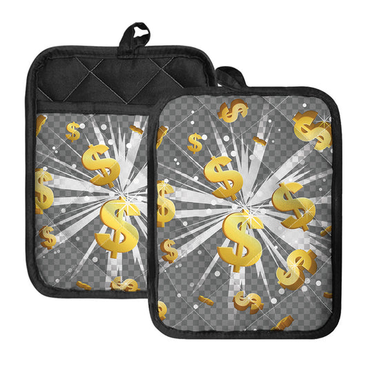 Golden Dollar Sign Explosion Print Pot Holders With Pocket