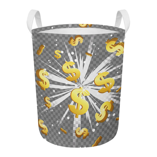 Golden Dollar Sign Explosion Print Round Laundry Basket