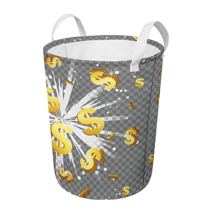 Golden Dollar Sign Explosion Print Round Laundry Basket