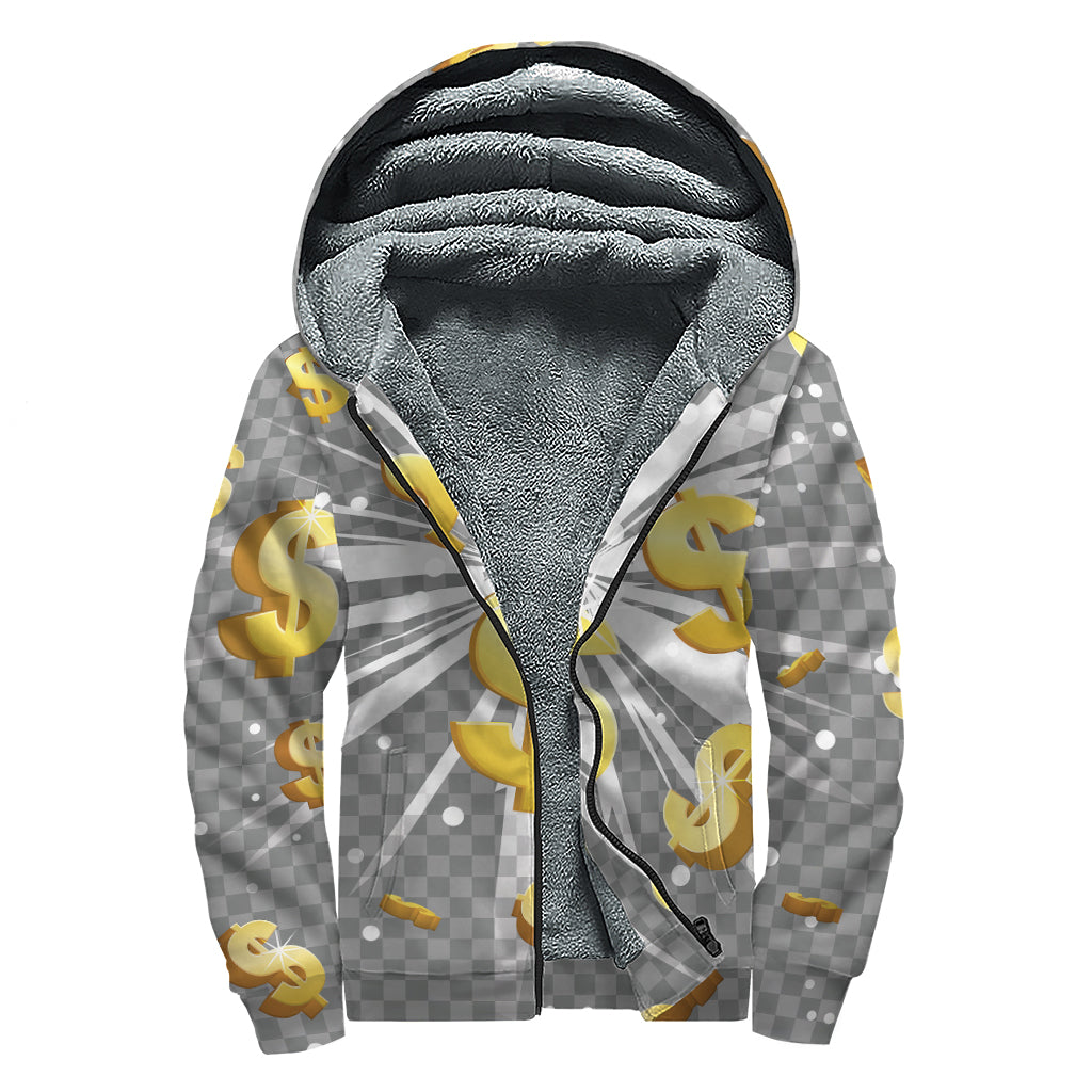 Golden Dollar Sign Explosion Print Sherpa Lined Zip Up Hoodie