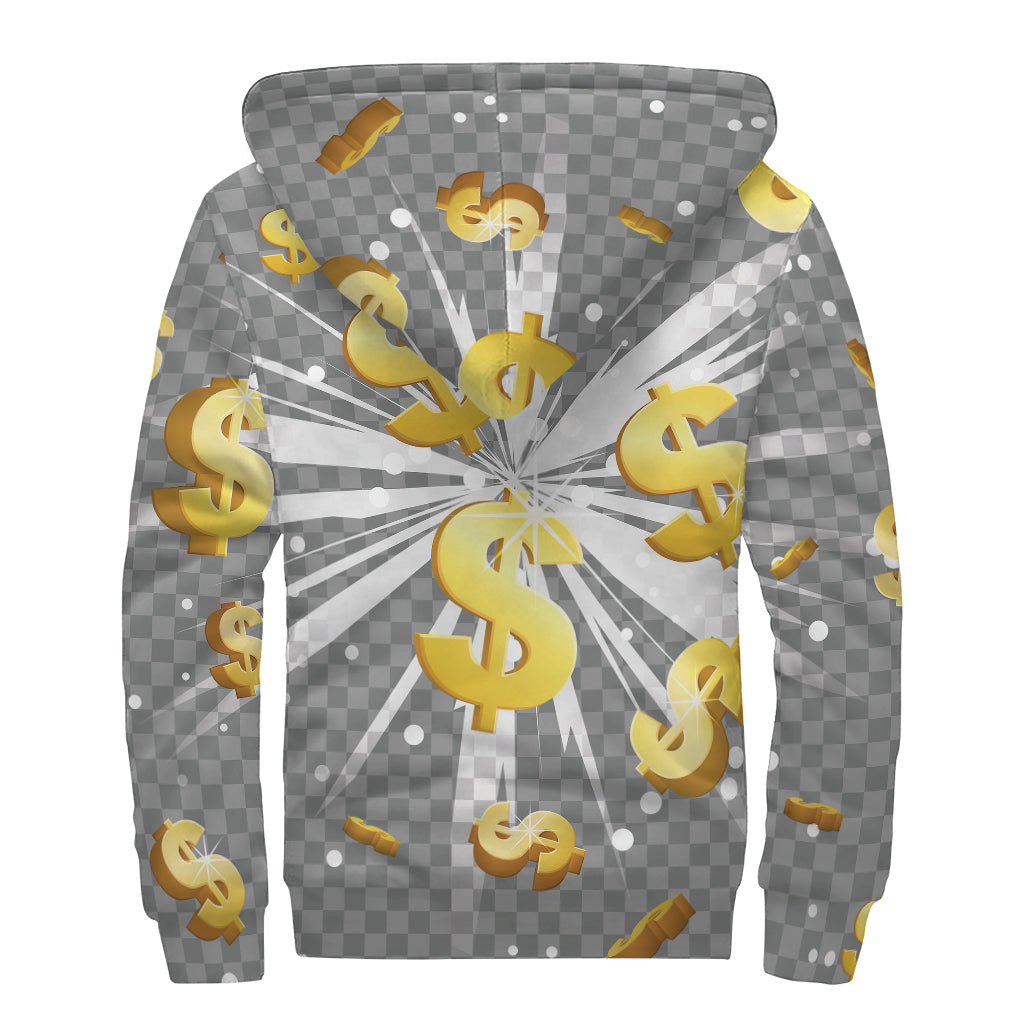 Golden Dollar Sign Explosion Print Sherpa Lined Zip Up Hoodie