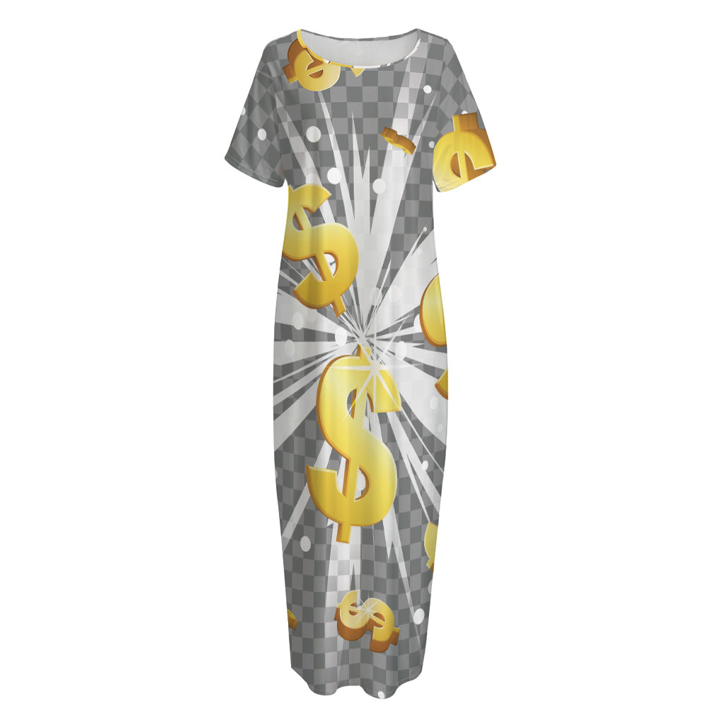 Golden Dollar Sign Explosion Print Short Sleeve Long Nightdress