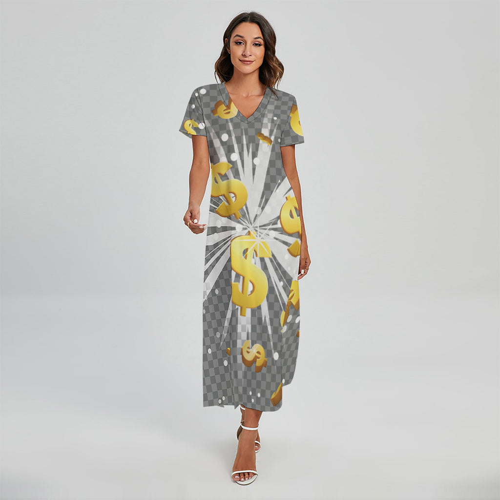 Golden Dollar Sign Explosion Print Short Sleeve Maxi Dress