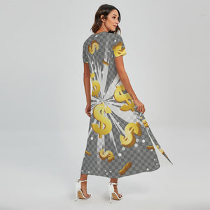 Golden Dollar Sign Explosion Print Short Sleeve Maxi Dress