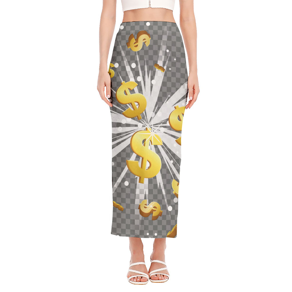 Golden Dollar Sign Explosion Print Side Slit Maxi Skirt