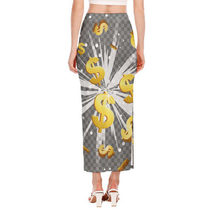 Golden Dollar Sign Explosion Print Side Slit Maxi Skirt