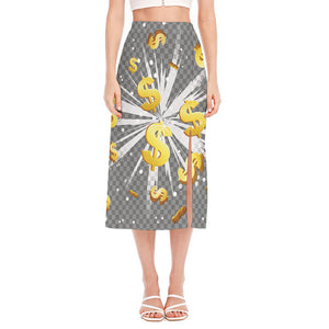 Golden Dollar Sign Explosion Print Side Slit Midi Skirt