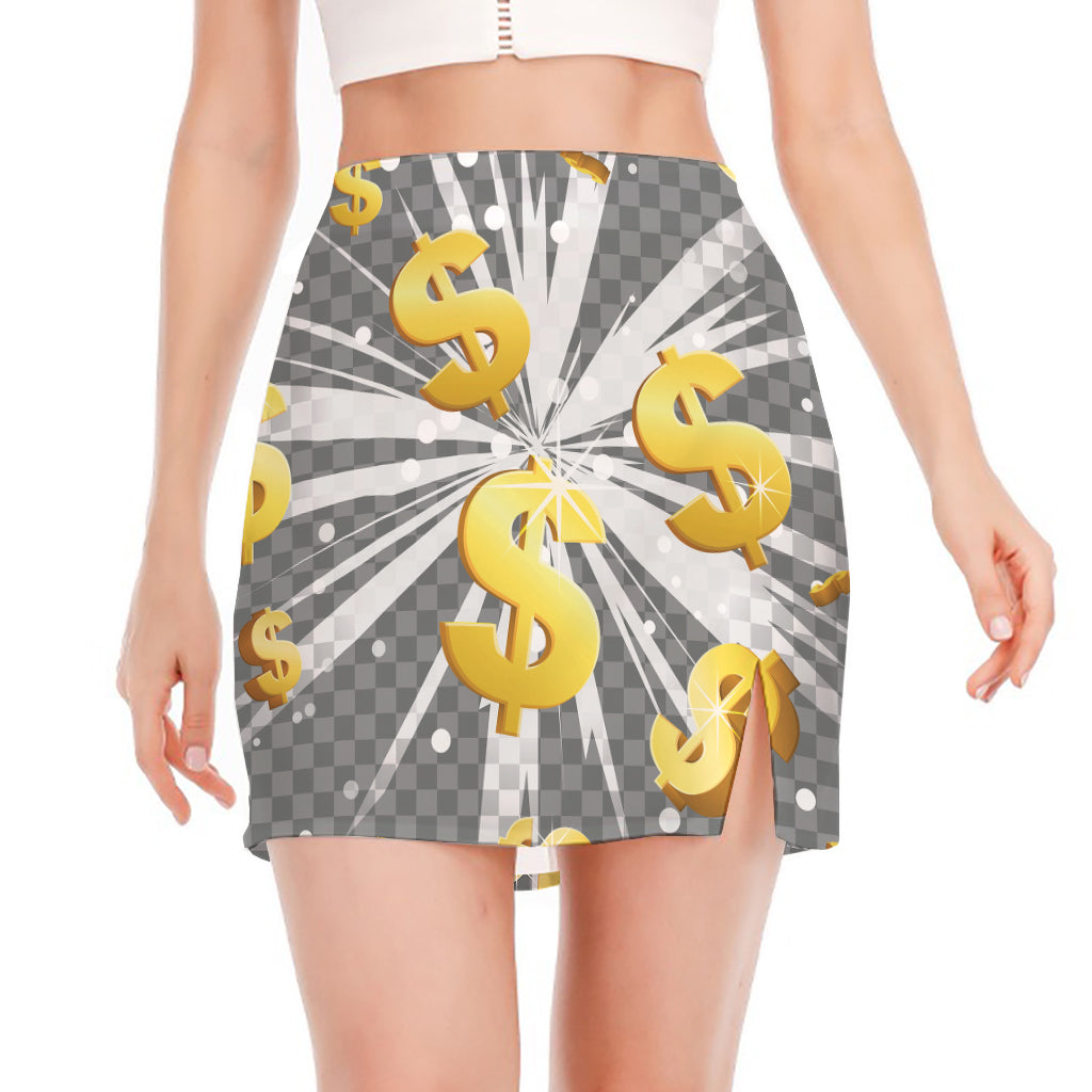 Golden Dollar Sign Explosion Print Side Slit Mini Skirt