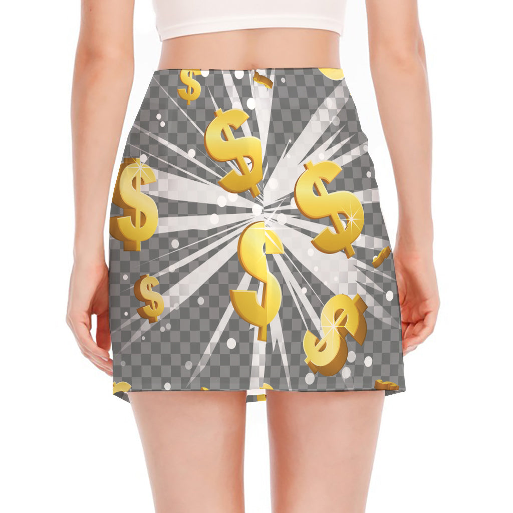 Golden Dollar Sign Explosion Print Side Slit Mini Skirt