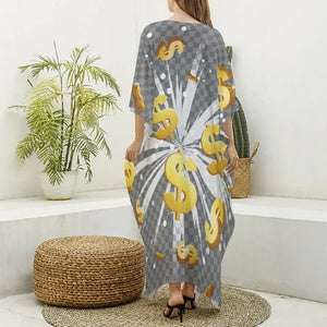 Golden Dollar Sign Explosion Print Silk V-Neck Kaftan Dress