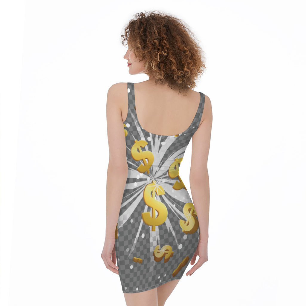 Golden Dollar Sign Explosion Print Sleeveless Bodycon Dress