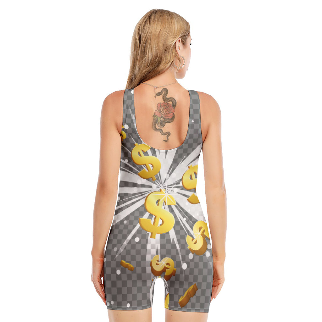 Golden Dollar Sign Explosion Print Sleeveless One Piece Swimsuit