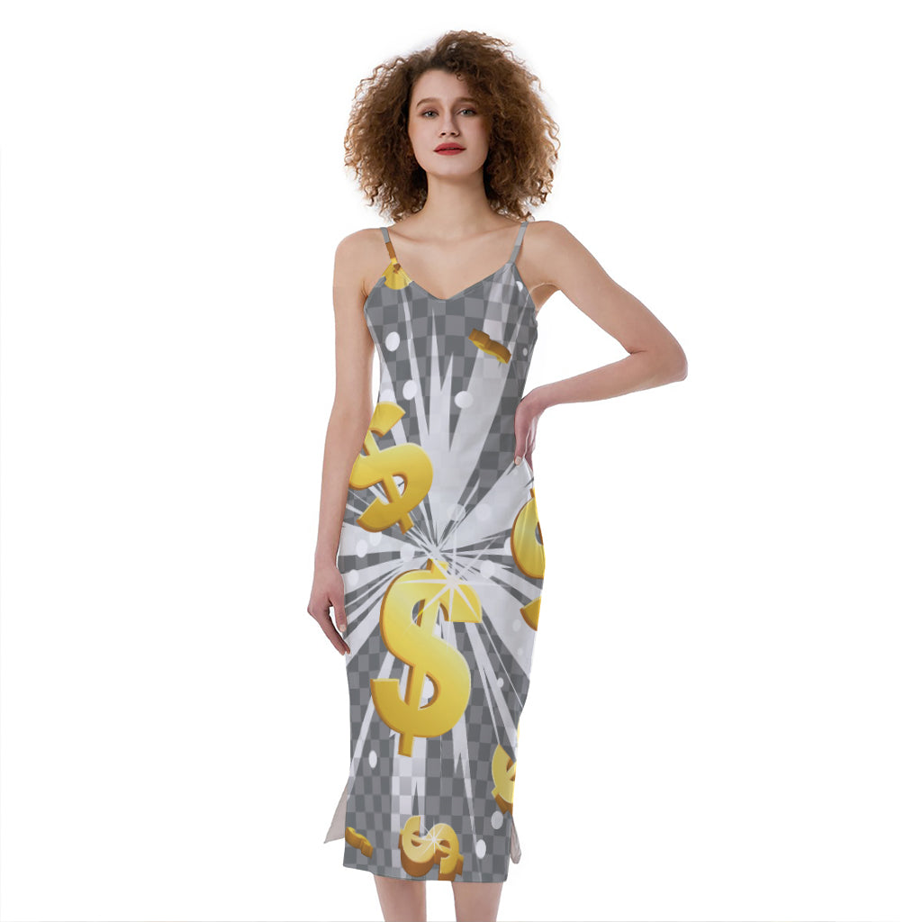 Golden Dollar Sign Explosion Print Slim Fit Midi Cami Dress