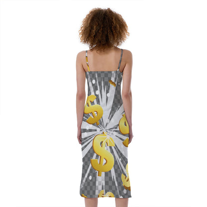 Golden Dollar Sign Explosion Print Slim Fit Midi Cami Dress