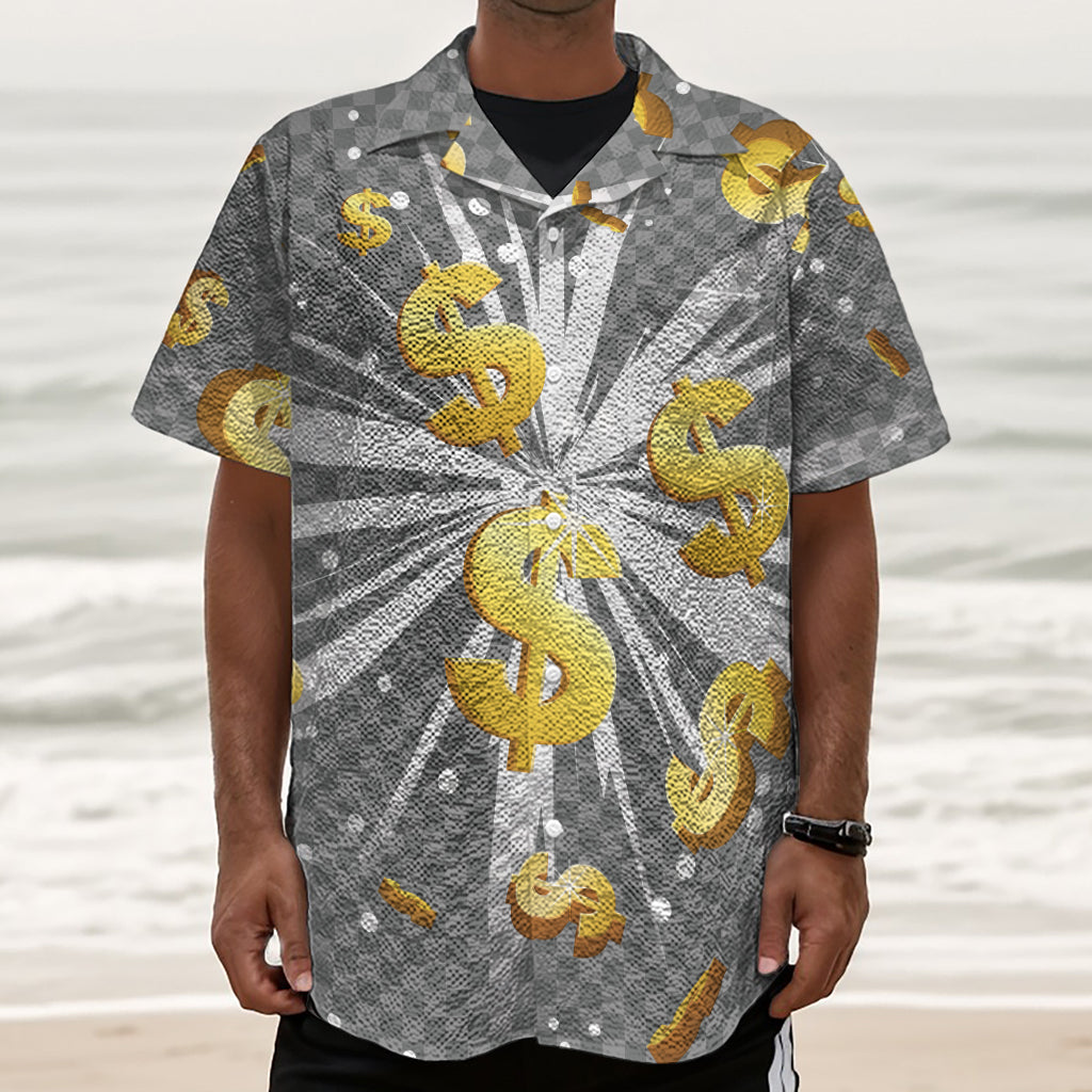 Golden Dollar Sign Explosion Print Textured Short Sleeve Shirt