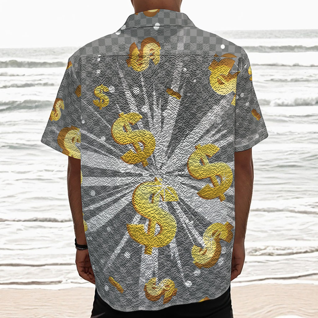 Golden Dollar Sign Explosion Print Textured Short Sleeve Shirt