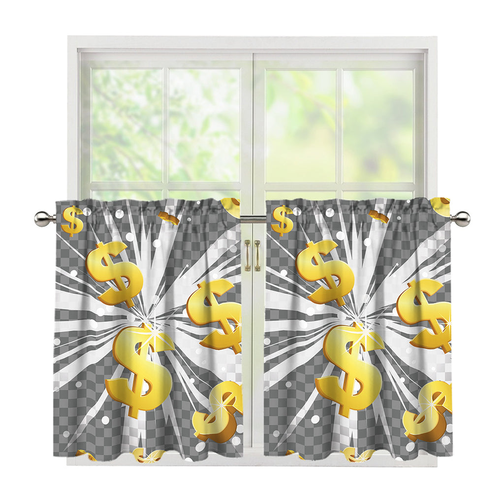 Golden Dollar Sign Explosion Print Tier Curtains