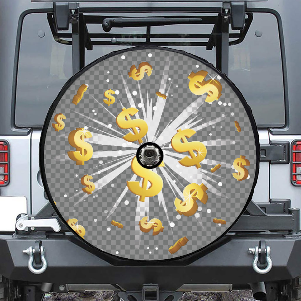 Golden Dollar Sign Explosion Print Tire Cover With Camera Hole