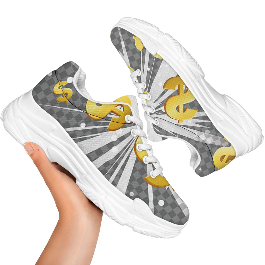 Golden Dollar Sign Explosion Print White Chunky Shoes