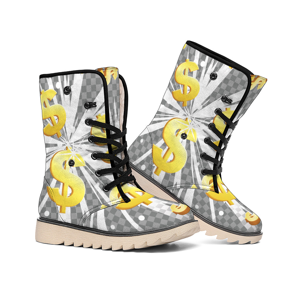 Golden Dollar Sign Explosion Print Winter Boots