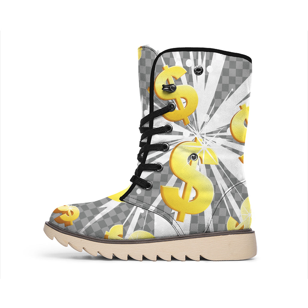 Golden Dollar Sign Explosion Print Winter Boots