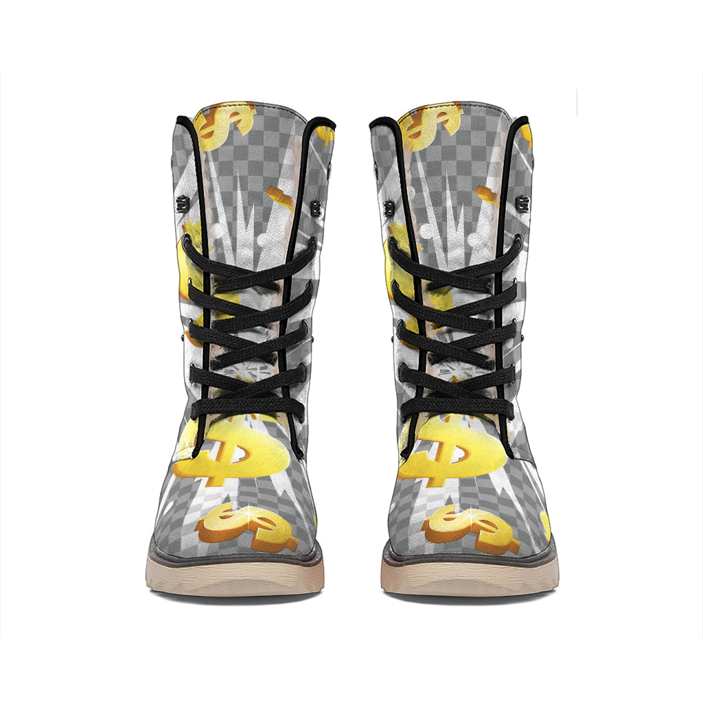 Golden Dollar Sign Explosion Print Winter Boots