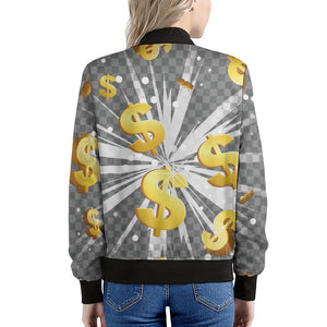 Golden Dollar Sign Explosion Print Women's Bomber Jacket