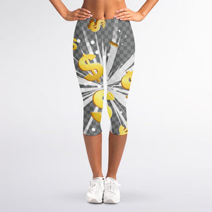 Golden Dollar Sign Explosion Print Women's Capri Leggings