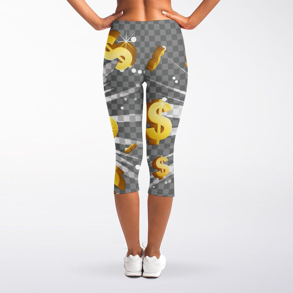 Golden Dollar Sign Explosion Print Women's Capri Leggings