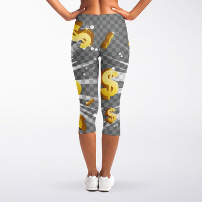 Golden Dollar Sign Explosion Print Women's Capri Leggings