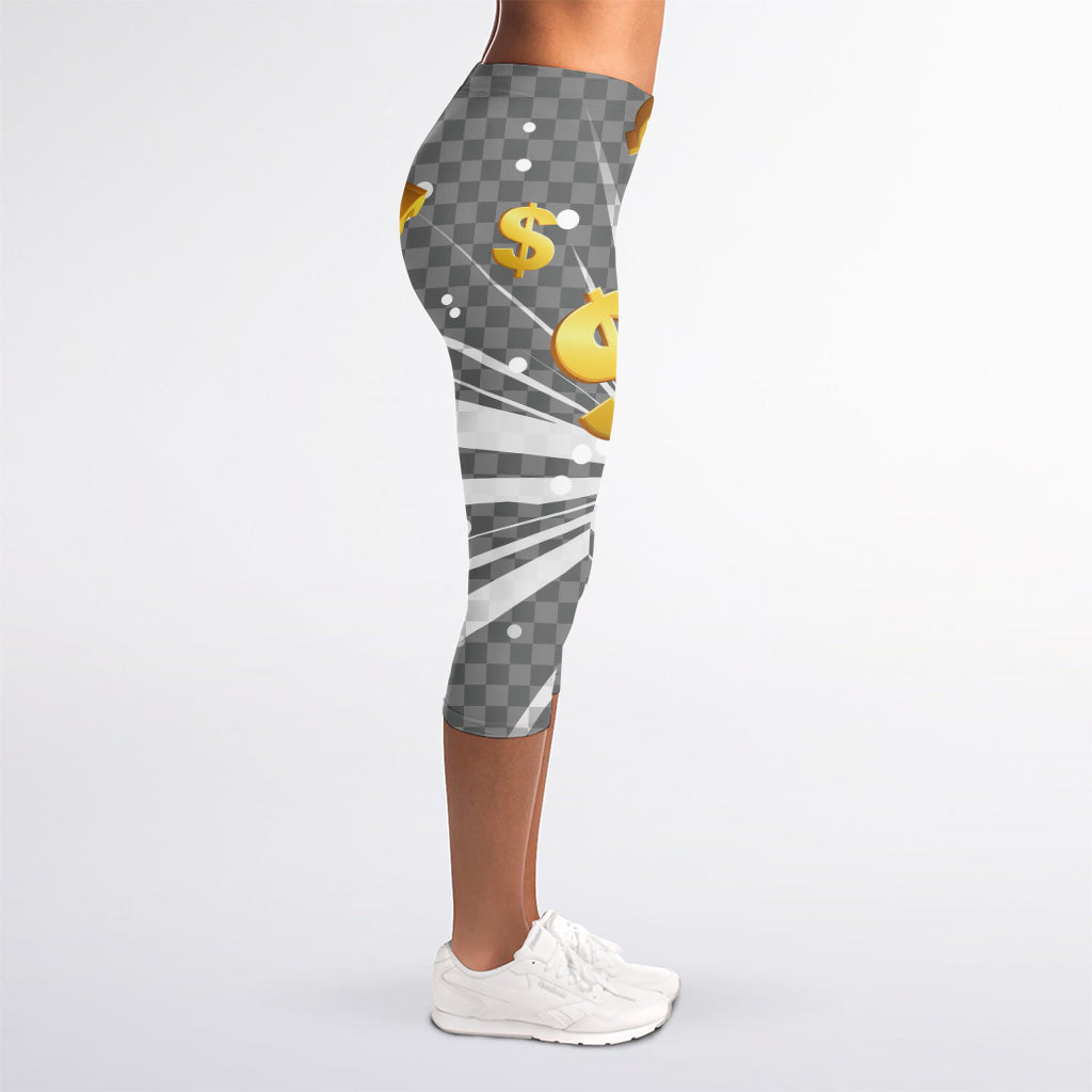 Golden Dollar Sign Explosion Print Women's Capri Leggings