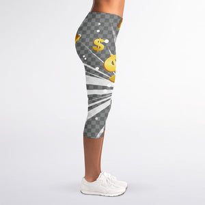 Golden Dollar Sign Explosion Print Women's Capri Leggings