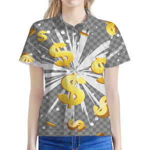 Golden Dollar Sign Explosion Print Women's Polo Shirt