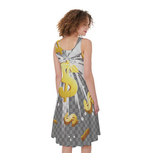 Golden Dollar Sign Explosion Print Women's Sleeveless Dress