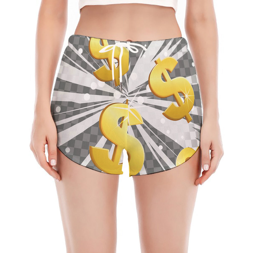 Golden Dollar Sign Explosion Print Women's Split Running Shorts