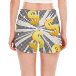 Golden Dollar Sign Explosion Print Women's Split Running Shorts