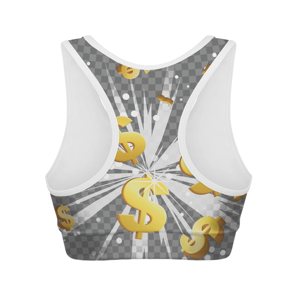 Golden Dollar Sign Explosion Print Women's Sports Bra