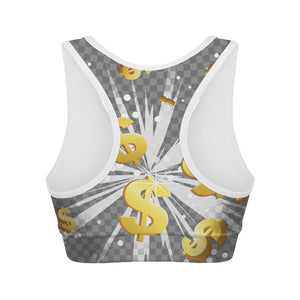 Golden Dollar Sign Explosion Print Women's Sports Bra