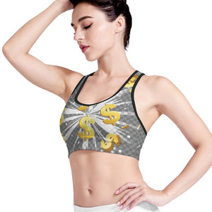 Golden Dollar Sign Explosion Print Women's Sports Bra